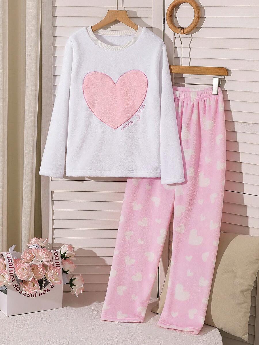 2pcs Tween GirlsMinimalist Long Sleeve Fleece Pajama Set Long Sleeve Pajama Sets For Teen Girls - Multicolor - View 1