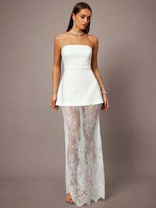 Silquee 2pcs/Set Black Cropped Bustier Top And Lace Hem Mini Skirt, Suitable For Dates, Graduations, Concerts, Bridesmaid Dresses, Weddings, Romantic Occasions, Minimalist Style, Elegant Outfit For Daily Wear - White - View 3