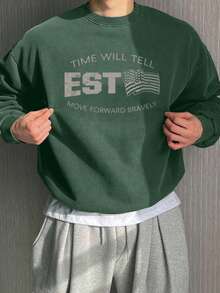 DAZY 男士圆领卫衣，字母印花和独立日国旗图案，军绿色，秋季款 - 軍綠色 - 查看 3