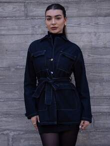 Andrea Bello Höst & Vinter Dam Svart Blå Jeansjacka Jul Nyår Fest Damkappa Svart Blå Kappa Helg Nyår Lös Kappa Långärmad Kappa Nyårsafton Nyår Julfest Dam Denim Helg Dam Helg Jul Y2k Lös Krage Retro Festkläder Blå Tvättad Med Fickor Gatustil Bälte Elegant Vardagskläder Casual Jeansjacka - Marinblå - Visa 3