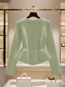 GlowEve Áo khoác cardigan ngắn bo eo viền bèo nhún thời trang cho nữ, trang trí nút kim loại độc đáo, áo len trắng sang trọng - Màu xanh Bạc hà - Xem 2