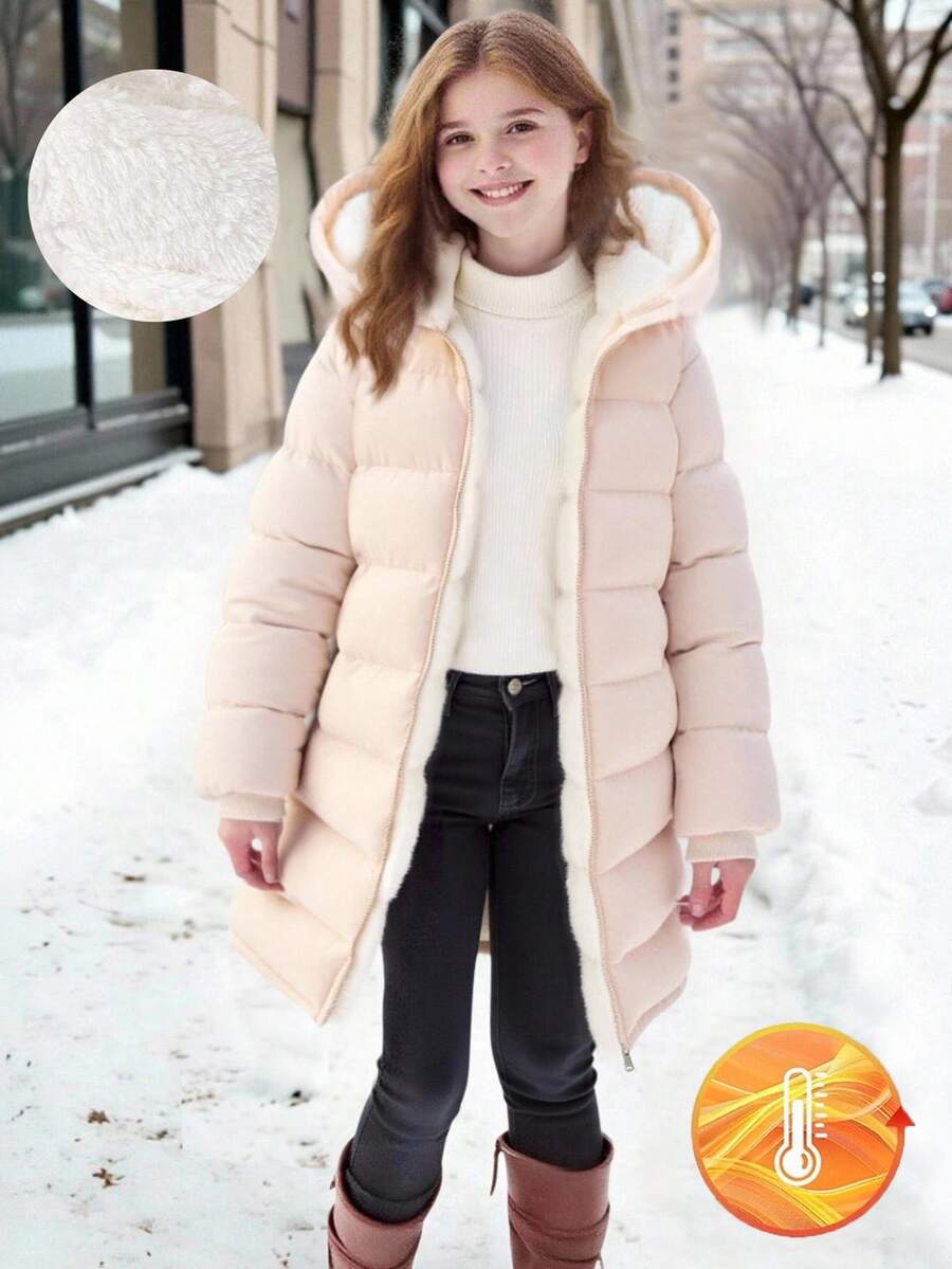 SHEIN 1pc Tween Girl Mid-Length Long Sleeve Padded Coat, Plush Lining, Comfortable And Warm, Solid Color Outerwear - Apricot - View 1