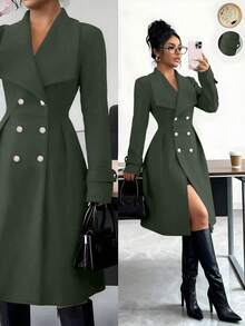 SHEIN Elenzya 女士双排扣翻领羊毛混纺优雅休闲通勤商务约会派对圣诞大衣，酒红色，秋冬款 - 橄欖綠 - 查看 4