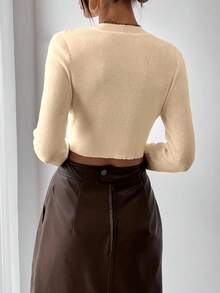 SHEIN LUNE 1件女士休闲纯色修身套头长袖毛衣 - 杏色 - 查看 2