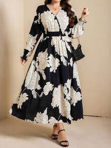 Comfylo 大码优雅印花重叠领A字连衣裙，秋季 - 黑色 - 查看 2