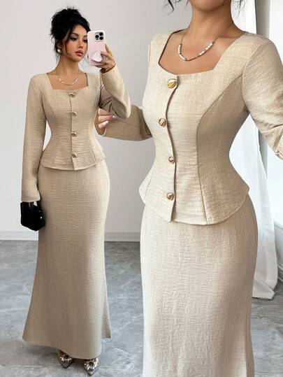 Elenzga 25+ damski zestaw bluzki i spódnicy z długim rękawem i kwadratowym dekoltem, dopasowany do sylwetki, z eleganckim zamkiem błyskawicznym i metalową klamrą, brązowy, elegancki strój imprezowy, damski strój na randkę w Boże Narodzenie i Nowy Rok, Walentynki