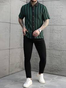 Manfinity CasualCool Men's Contrast Trim Button Front Casual Short Sleeve Shirt Men Knitted Button Up Snake Shirt Crochet Men Shirt