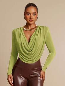 Silquee Olive Green Plunging Neckline Elegant Shoulder Pad Ruched Long Sleeve Bodysuit, Suitable For Dates, Outings, Weddings And Parties - Olive Green - View 4