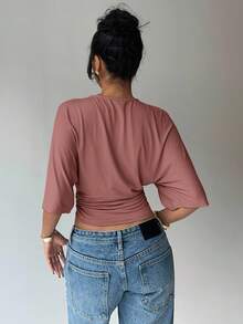 Aloruh 女士休闲纯色短款腰部T恤 - 粉色 - 查看 2