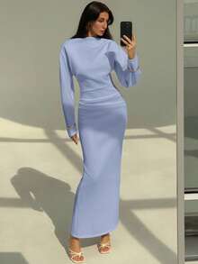 Aloruh Váy Maxi Tay Dài Ôm Sát, Dáng Rộng, Thanh Lịch, Trí Tuệ, Tối Giản, Phong Cách Công Sở, Đi Làm, Trang Trí Xếp Ly, Áo Rộng, Mới - Màu xanh nhạt - Xem 4