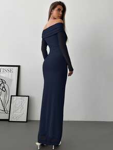 Aloruh Off-Shoulder Mesh-Twist-Rüschenkleid, romantisches Abendkleid mit langen Ärmeln