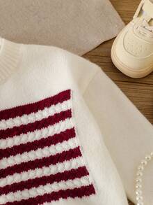 SHEIN Young Girl Casual Loose Crew Neck Long Sleeve Sweater Kids American Flag Independence Day Kids 4 July - White - View 7