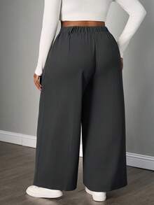 SHEIN PETITE CURVE Quần ống rộng đơn giản xếp ly trơn cỡ lớn - Xám - Xem 2