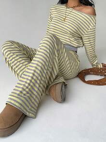 Aloruh 女士休闲家居睡衣套装，露肩长袖T恤搭配宽松条纹直筒裤，适合日常穿着、运动、秋冬季节以及返校季穿着，撞色条纹两件套 - 黃色 - 查看 6