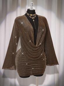 SHEIN ICON Váy dự tiệc mini cổ khoét sâu màu vàng cỡ lớn dành cho nữ - Vàng - Xem 7