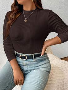 SHEIN Frenchy Áo thun cổ bẻ dệt kim gân trơn Plus - Cà phê nâu - Xem 3