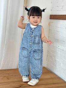 SHEIN 女婴深蓝色牛仔无袖白色条纹连体锥形裤 - 淺色水洗藍 - 查看 5