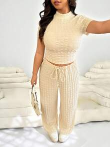 Solflare 2 件套大码春夏休闲修身褶皱纹理印花裤和短袖 T 恤套装 - 杏色 - 查看 7