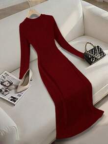 Franclia 条纹纹理优雅圆领中长连衣裙（女款） - 紅色 - 查看 2