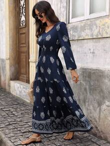 EMERY ROSE 女士休闲碎花长袖连衣裙，适合秋冬季日常穿着 - 藏蓝色 - 查看 5