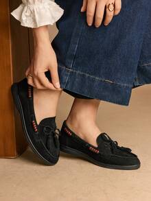 Rosivie Women's Lace-Up Beaded Flat Casual Shoes For Christmas - Black - View 5