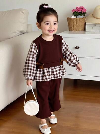 Elladie kids 2pcs Baby Girls' Knitted Plaid Patchwork Long Sleeve Bow T-Shirt Top And Ribbed Pants Set, Casual Outfit For Spring Autumn