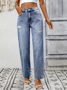 EMERY ROSE Quần jeans ống côn rách rách thường ngày - Rửa trung bình - Xem 7