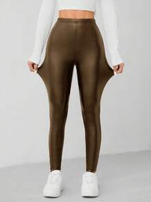 SHEIN PETITE Quần legging co giãn cao bằng da PU dành cho nữ - Cà phê nâu - Xem 5