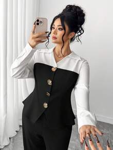 SHEIN Elenzya Plus Size Elegant Commuter Color Block Shirt & Pants 2 Pieces Set - Multicolor - View 3