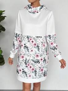 EMERY ROSE Casual Thermal Lined Hooded Patchwork Midi Sweatshirt, Winter - White - View 6