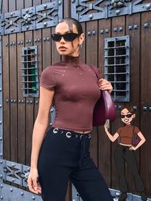 SHEIN Unity Women's Solid Color Short Sleeve Turtleneck Elegant Cropped Top - Brown - View 1