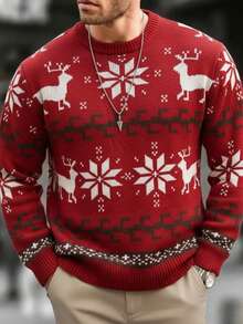 Suéter para hombre estilo festivo navideño jacquard tejido gráfico navideño ajuste holgado cuello redondo manga larga invierno reuniones familiares suéter - Rojo - Ver 1