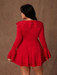 Rustia Valentine Sexy Ruffle Tie Strap Bodycon Mini Dress, Unique Design, Slimming Fit, Long Sleeve, Vacation Style - Red - View 2
