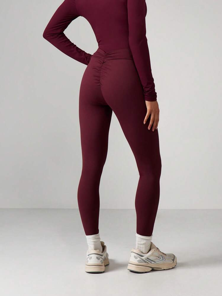 MISSGUIDED Mallas deportivas de longitud completa con costuras fruncidas en color borgoña para yoga, entrenamiento, ejercicio y fitness