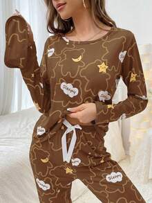 SHEIN 三件套：印花长袖睡衣套装 + 眼罩 - 棕色 - 查看 4