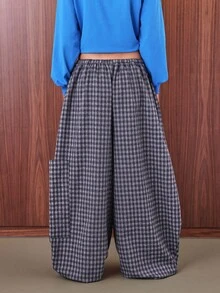 COUREZ Low Rise Baggy Balloon Trousers In Flannel Check /Y2K Going Out Outfits  Women Clothes  Clothes Spring Clothes Back To School Wide Leg Pants - Multicolor - View 3