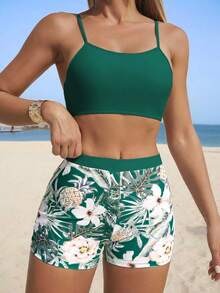 Swim Lushoire 女士夏季海滩度假热带印花比基尼泳衣和和服罩衫三件套