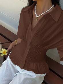 SHEIN EZwear 棕色梭织收腰女式短袖衬衫 - 棕色 - 查看 6