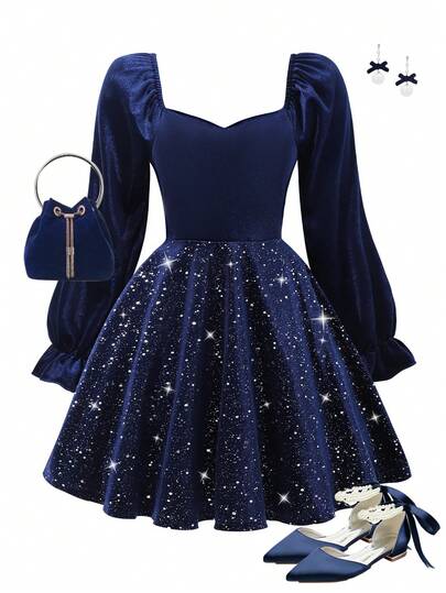 SHEIN Girls' Velvet Star & Silver Foil Collar Long Sleeve Dress, Contrast Color Patchwork Design, Suitable For Party, Holiday, Christmas Outfit