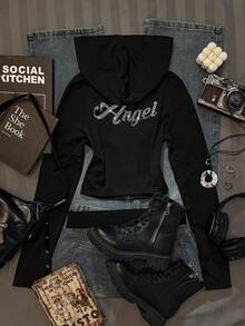 SHEIN EZwear 女士休闲简约天使水钻标语印花纯色修身连帽T恤，秋季 - 黑色 - 查看 9