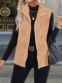 SHEIN Clasi 纯色羊毛口袋前拉链无袖背心，秋冬款 - 摩卡棕 - 查看 4