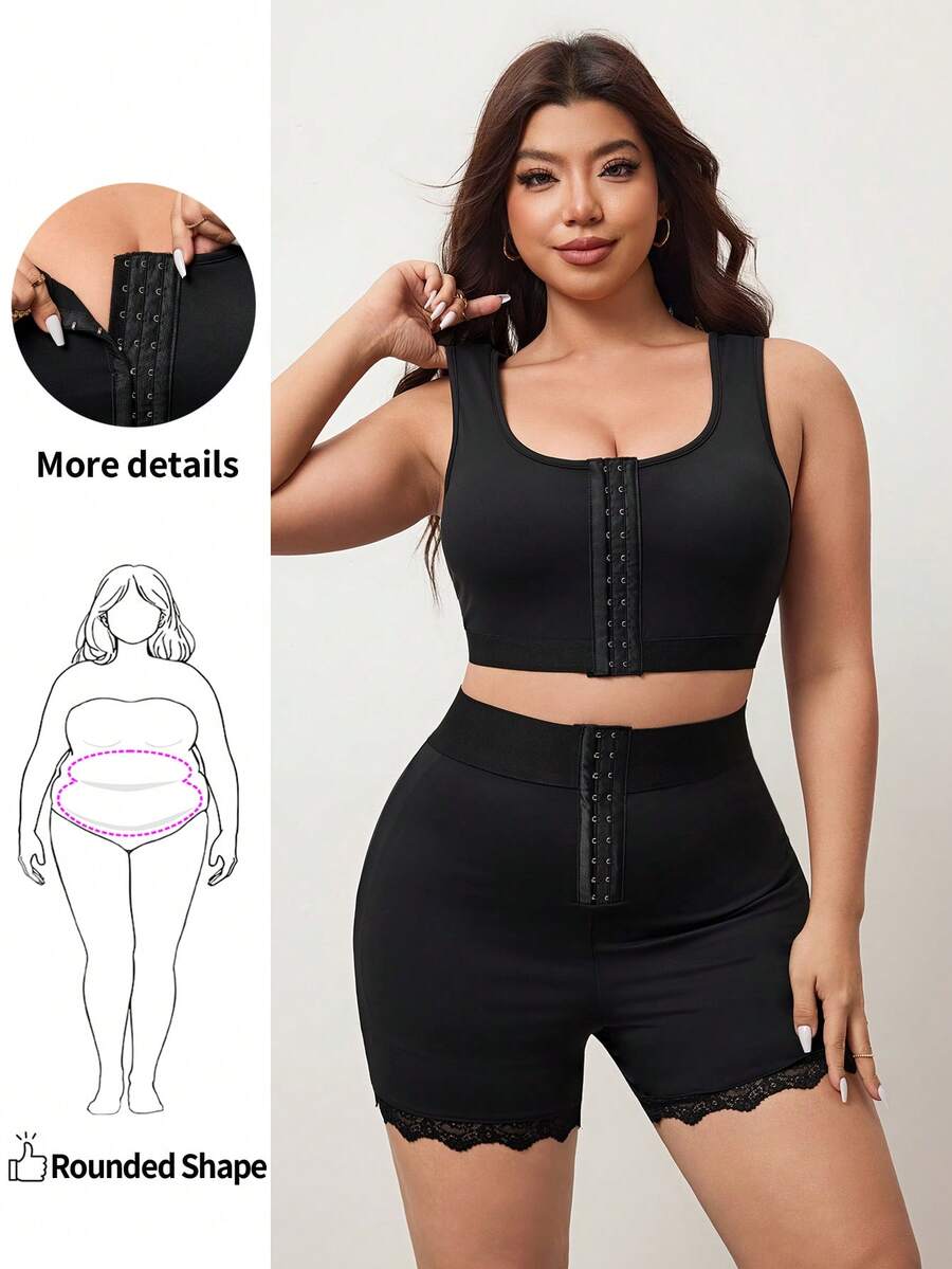 Enliva Plus Size Women Stretchy Fitted Tank Top And High Waisted Shorts Set, For Apple Rounded Body Shape - Black - View 1