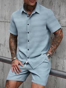 Manfinity Homme Bộ áo sơ mi và quần short trơn cho nam, trang phục thường ngày đơn giản cho chồng khi đi nghỉ mát, bộ hai mảnh thoải mái cho nam giới, trang phục nghỉ dưỡng cho nam, bộ hai mảnh mùa hè cho nam, bộ đồ màu xanh nhạt cho nam, bộ áo sơ mi nam. - Màu xanh nhạt - Xem 4