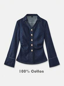 Maija Retro-Style Button-Down Pleated Slim-Fit Blue Denim Shirt For Women,Waist-Cinching Long-Sleeved Shirt - Dark Wash - View 2