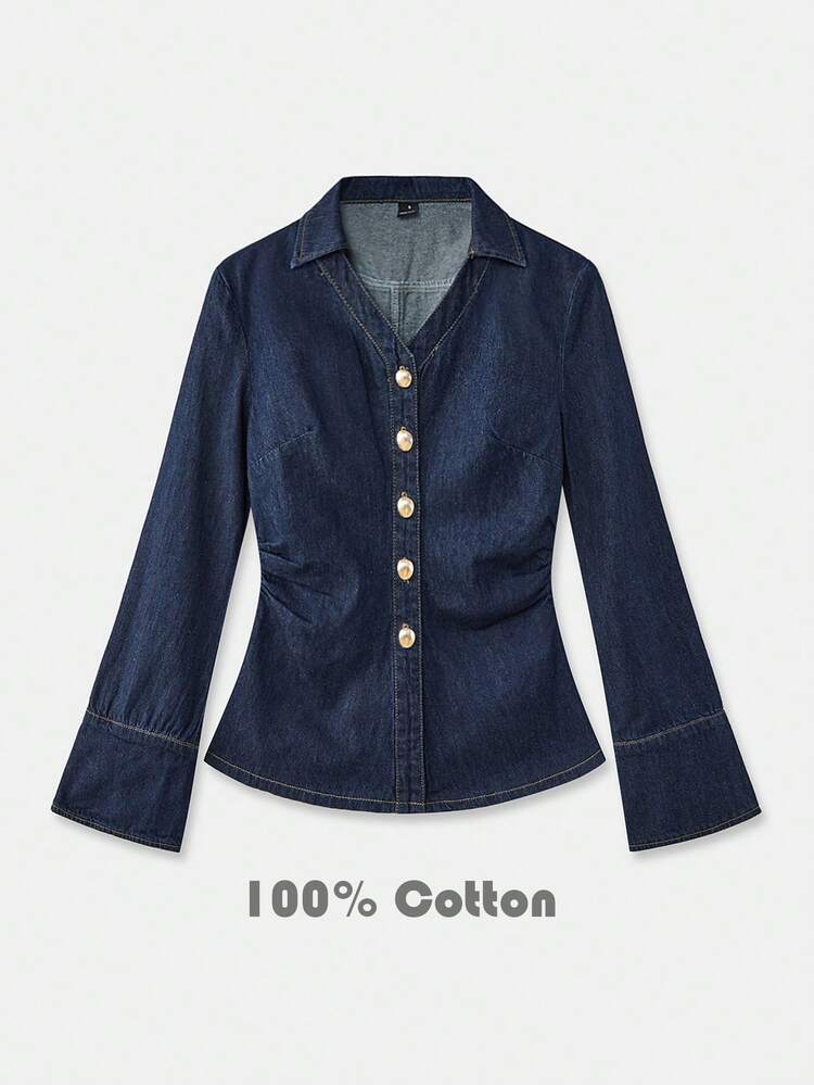 SHEIN Maija Retro-Style Button-Down Pleated Slim-Fit Blue Denim Shirt For Women,Waist-Cinching Long-Sleeved Shirt