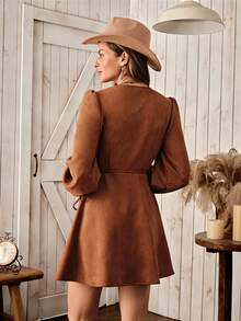 Wildy Đầm ngắn tay dài kiểu dáng boho casual phong cách đồng quê Mỹ cổ điển, buộc dây, thích hợp cho nữ đi làm. - màu nâu - Xem 2