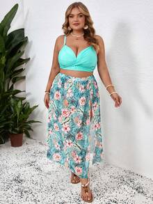 SHEIN CURVE+ Bộ đồ bơi bikini 2 mảnh in họa tiết váy lưới cỡ lớn dành cho nữ - Màu xanh bạc hà - Xem 4