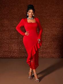 Maweii Vestido elegante ajustado con cuello cuadrado, mangas abullonadas, parches de encaje y volantes en el bajo para mujeres de talla grande - Rojo - Ver 3