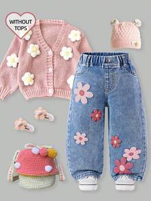 女婴时尚雪花水洗花卉植绒阔腿牛仔裤 - 藍色 - 查看 7