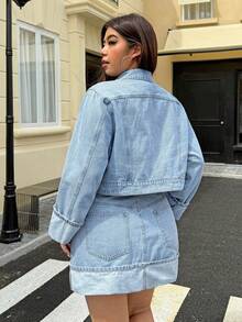 SHEIN ICON Áo khoác denim cổ tay cuộn cổ điển cỡ lớn - Rửa nhẹ - Xem 2